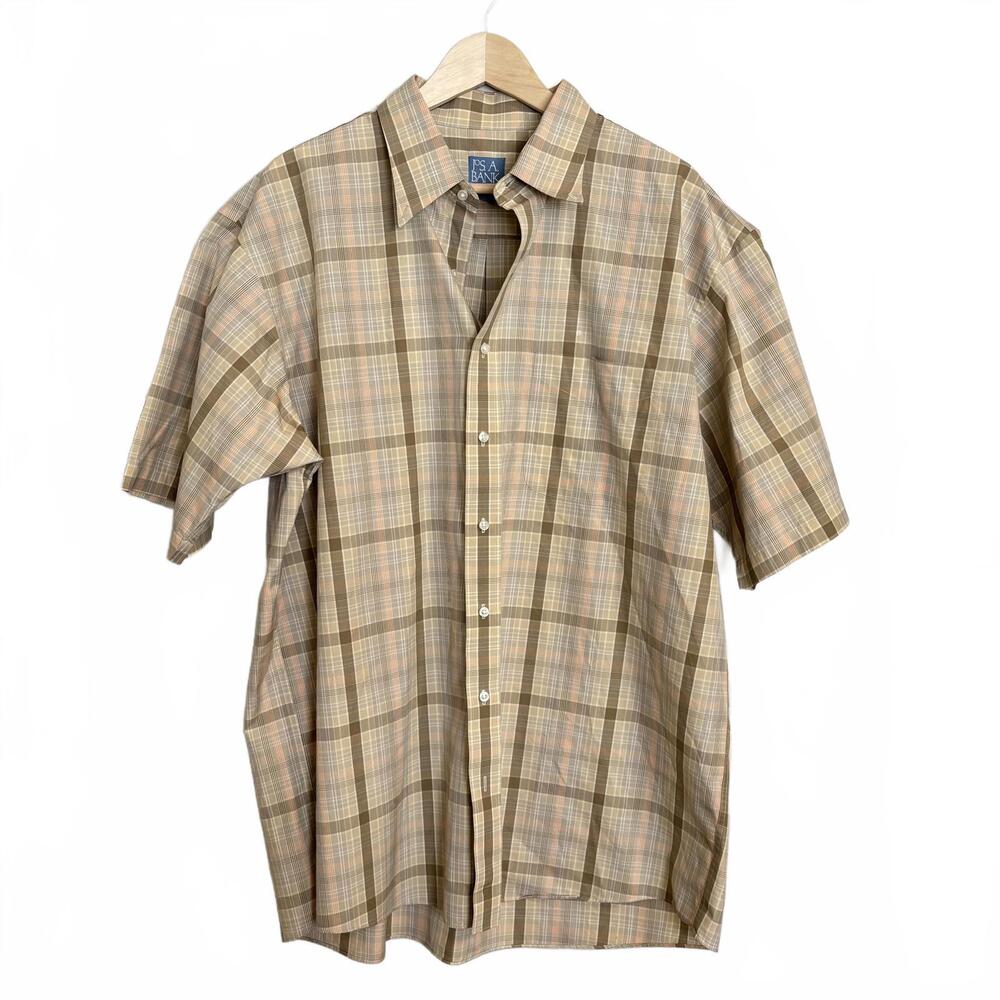 Jos. A. Bank Stays Cool Button Down Short Sleeve Shirt Men's Size‎ XL Tan Plaid